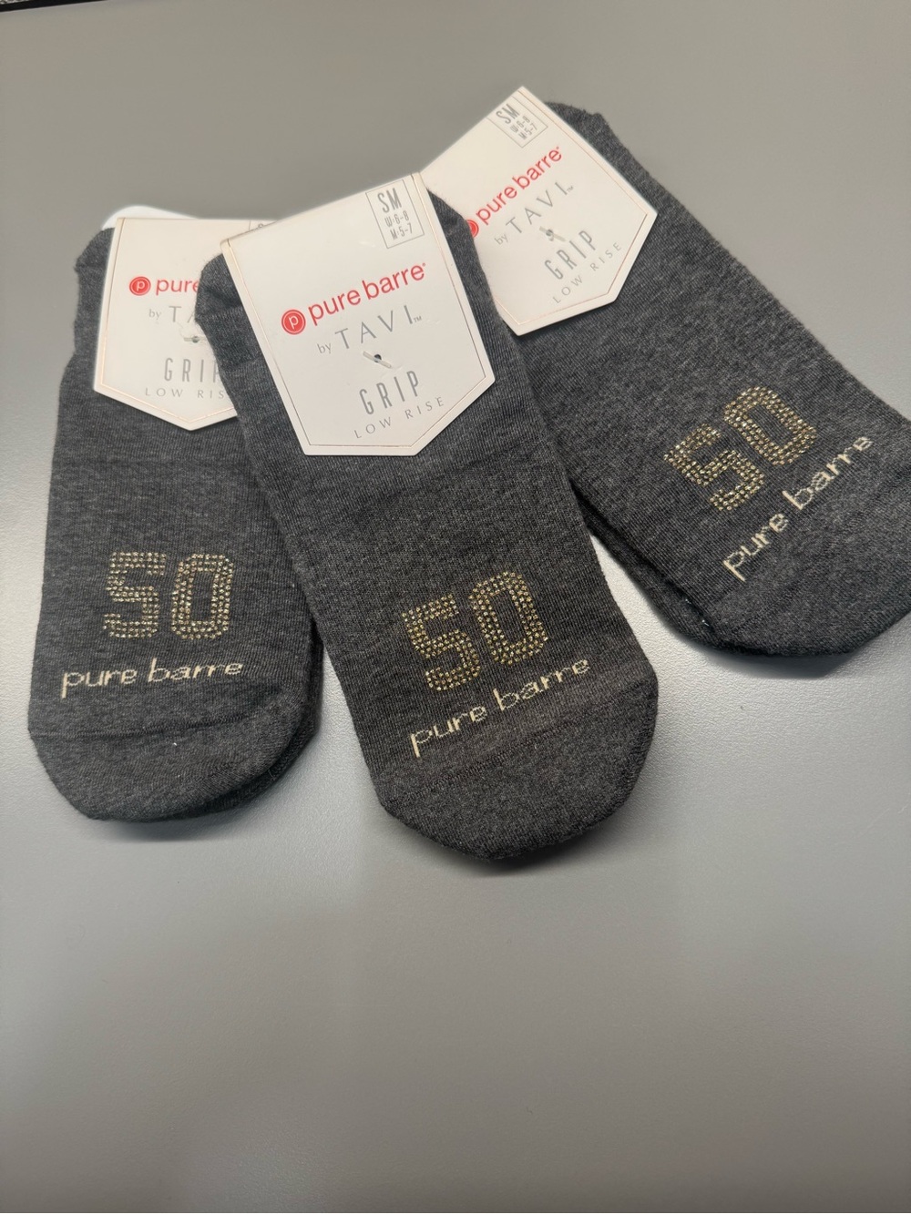 NEW Pure Barre Low-Rise Grip Socks in Dark Gray with Gold Detailing - Set of 3